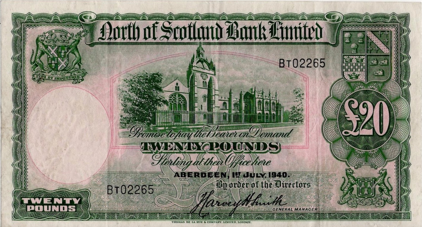 SCOTLAND P.S646 SC717a 1940 North of Scotland Bank £20 Choice VF 35