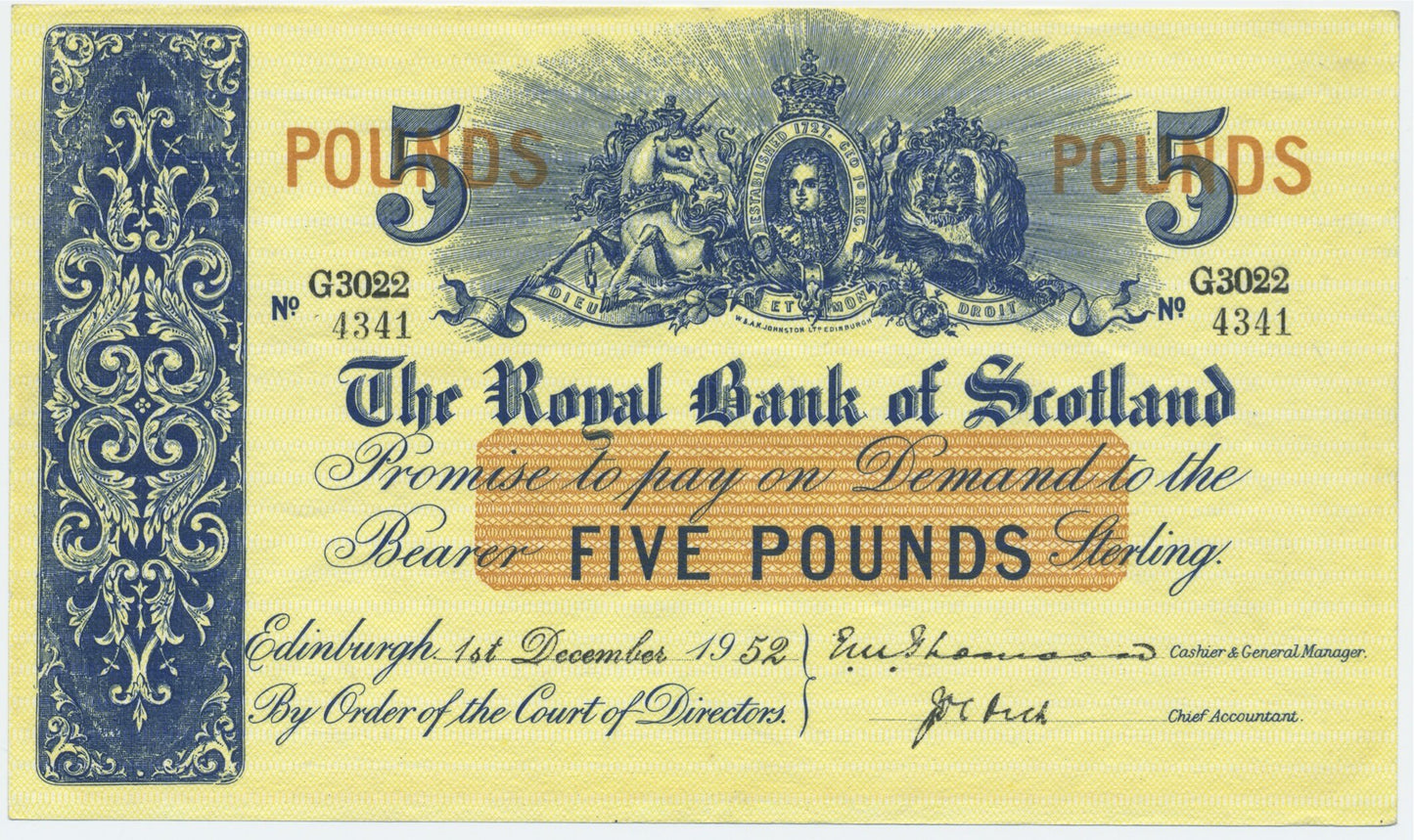 SCOTLAND P.323a SC807a 1952 Royal Bank of Scotland £5 G Choice AUNC 58 EPQ