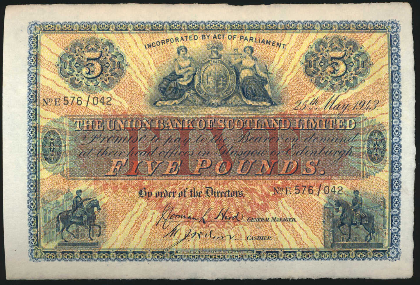SCOTLAND P.S811d SC912e 1943 Union Bank of Scotland £5 Choice VF35