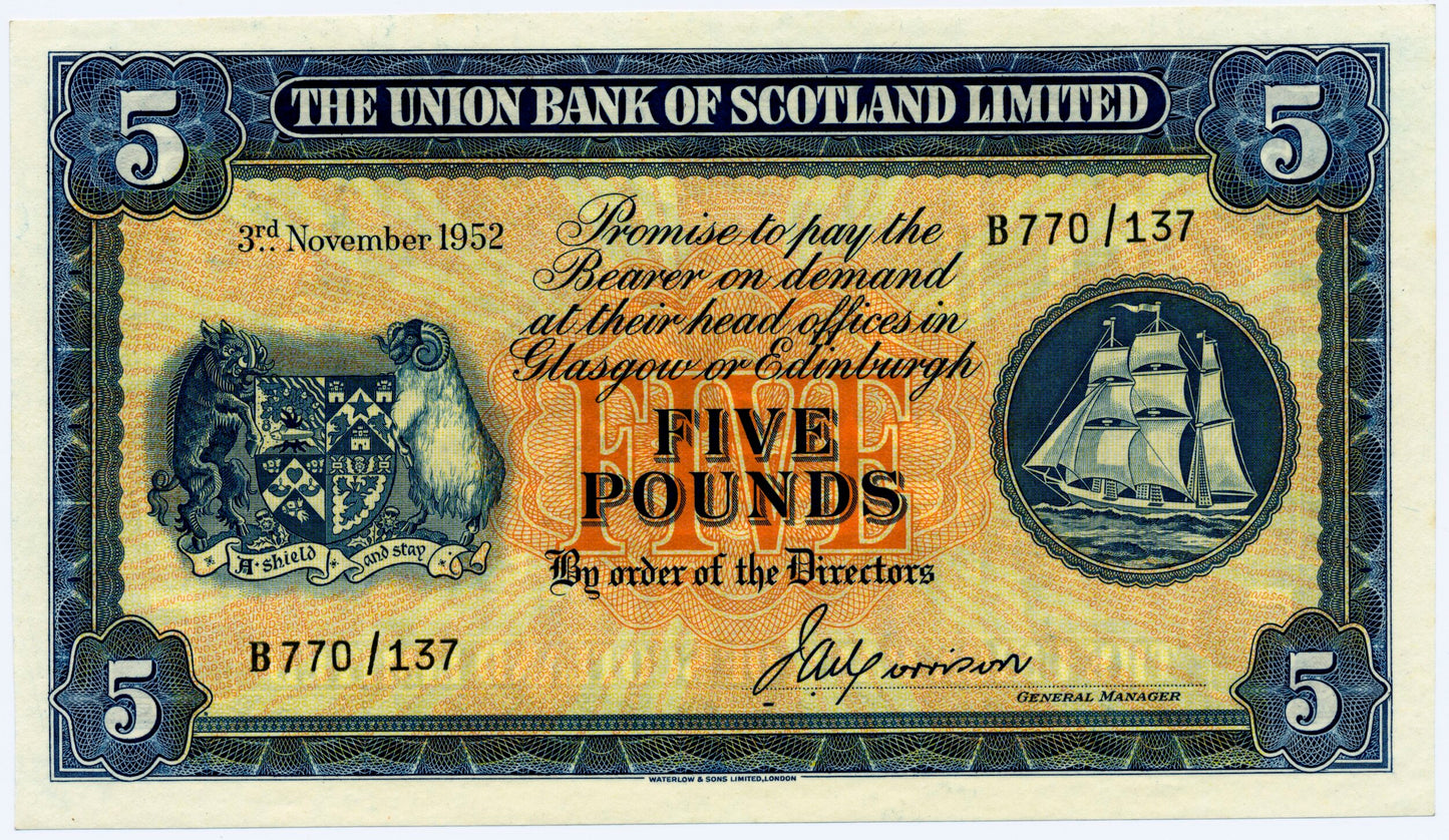 SCOTLAND P.S817a SC913a 1952 Union Bank of Scotland £5 Gem UNC 65 EPQ