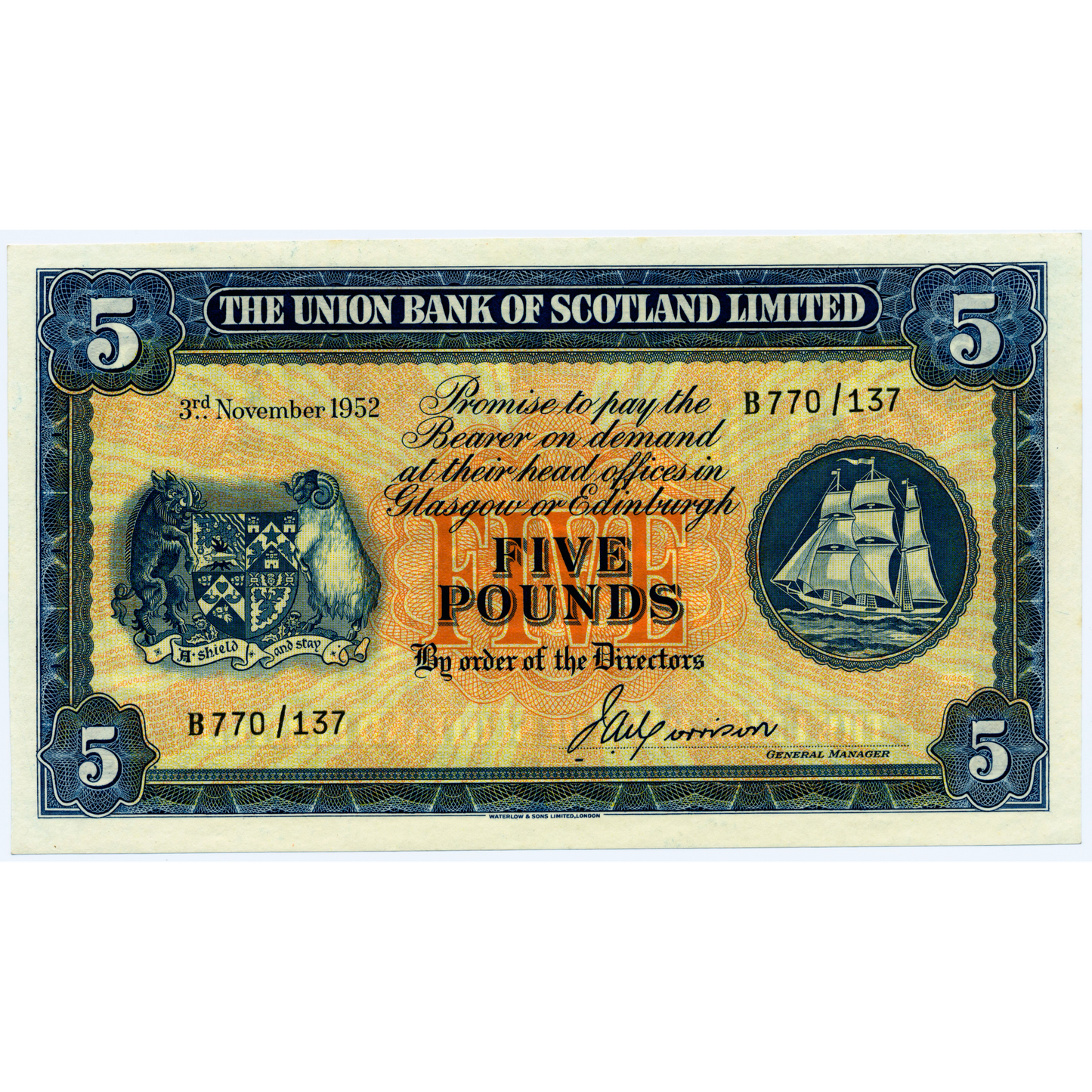 SCOTLAND P.S817a SC913a 1952 Union Bank of Scotland £5 Gem UNC 65 EPQ