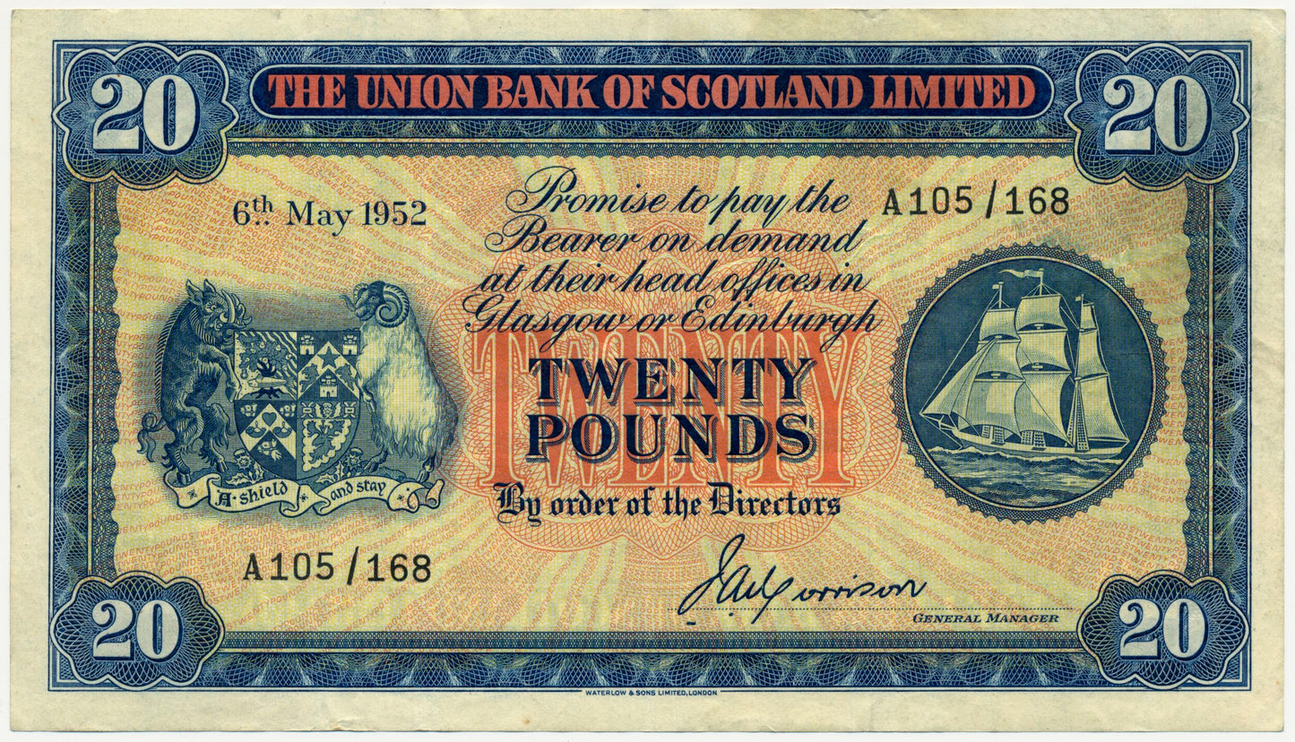 SCOTLAND P.S818 SC933 1952 Union Bank of Scotland £20 VF 30