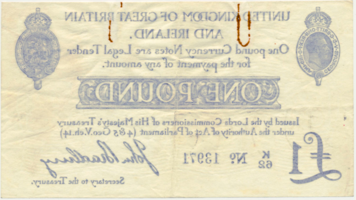 ENGLAND P.349a T11.1 1914 HM Treasury Bradbury £1 NVF K/62