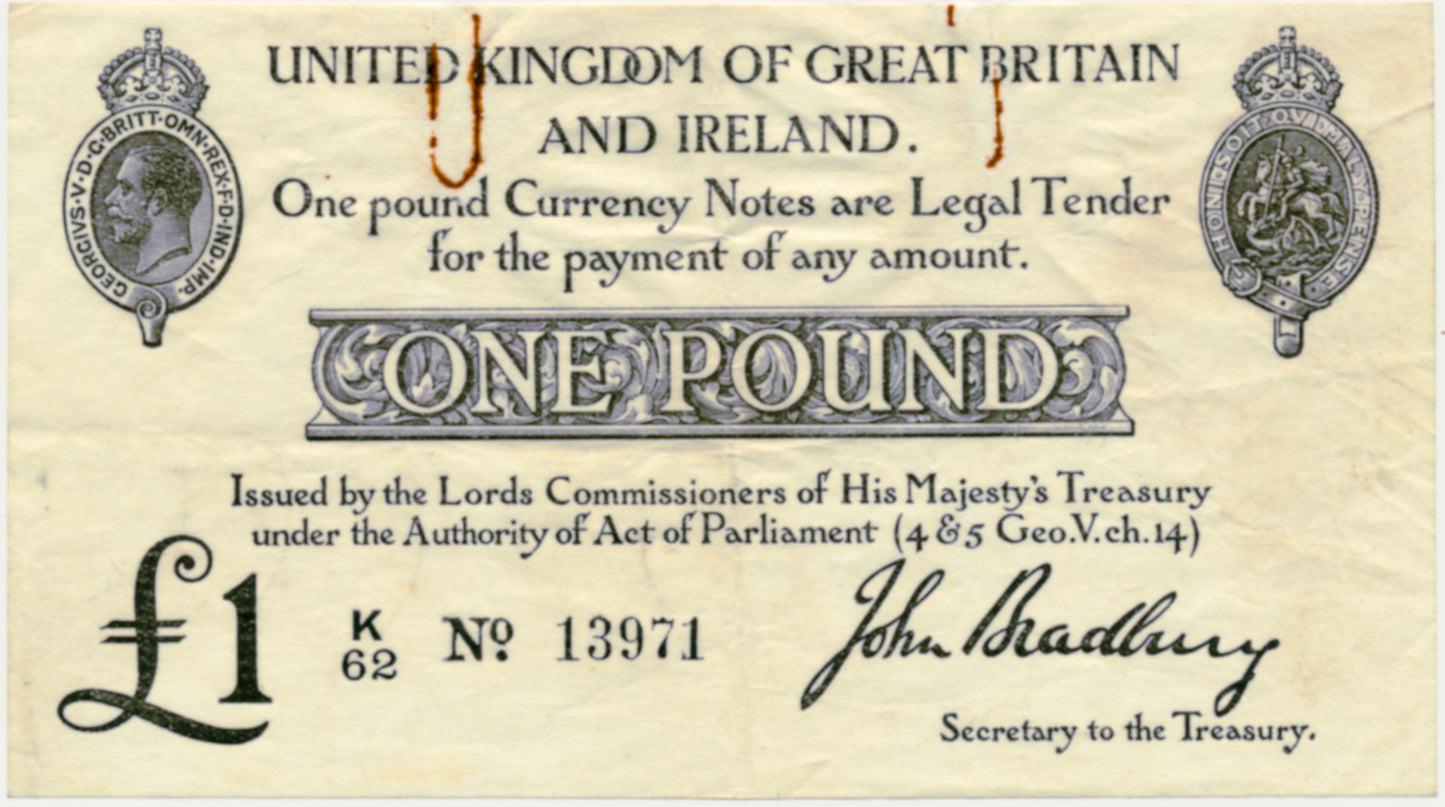 ENGLAND P.349a T11.1 1914 HM Treasury Bradbury £1 NVF K/62