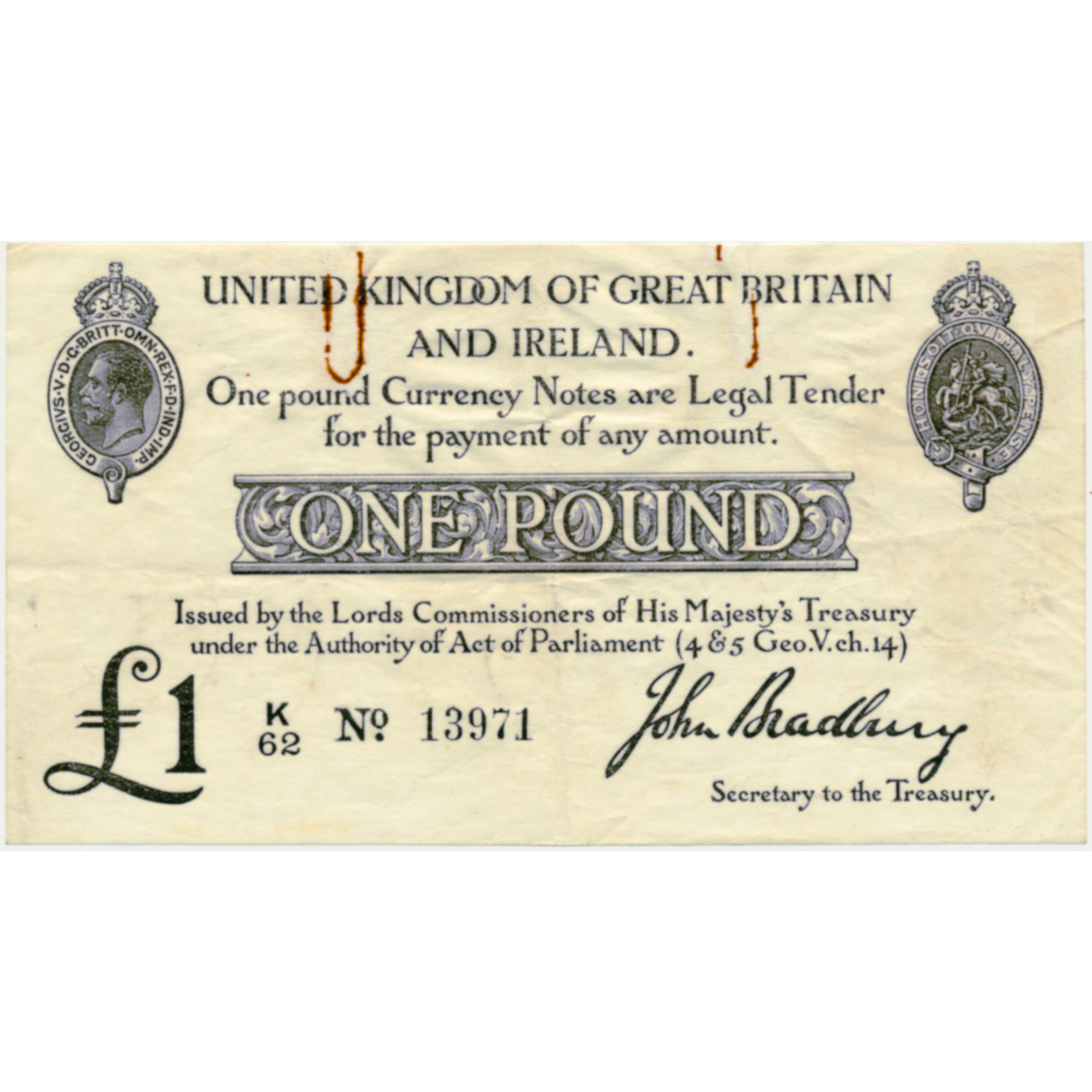 ENGLAND P.349a T11.1 1914 HM Treasury Bradbury £1 NVF K/62