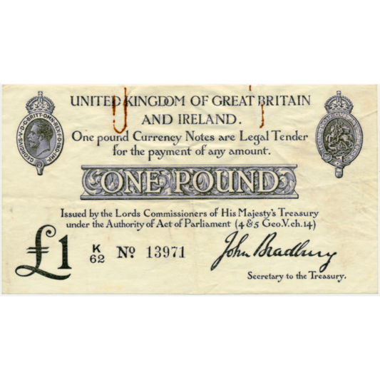 ENGLAND P.349a T11.1 1914 HM Treasury Bradbury £1 NVF K/62