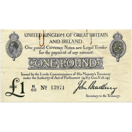 ENGLAND P.349.a T11.1 1914 HM Treasury Bradbury £1 NVF K/62