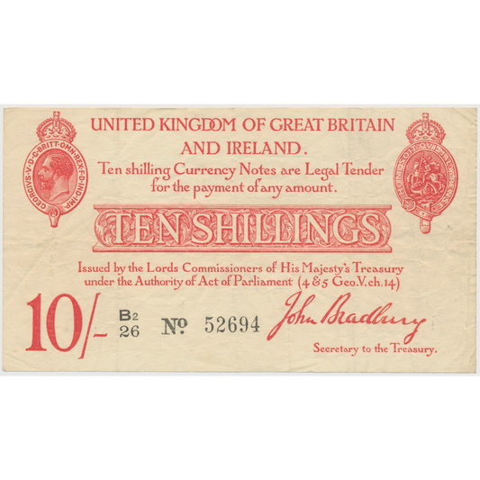 ENGLAND P.348a T12.3 1915 HM Treasury Bradbury 10s NVF B(2)/26