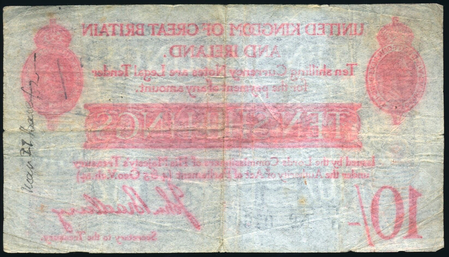 ENGLAND P.348a T13.1 1915 HM Treasury Bradbury 10s VG T11