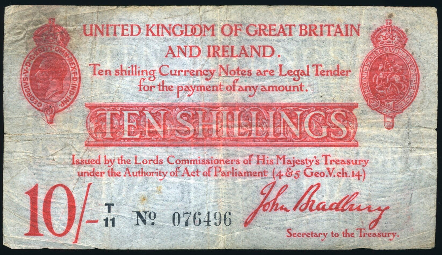 ENGLAND P.348a T13.1 1915 HM Treasury Bradbury 10s VG T11