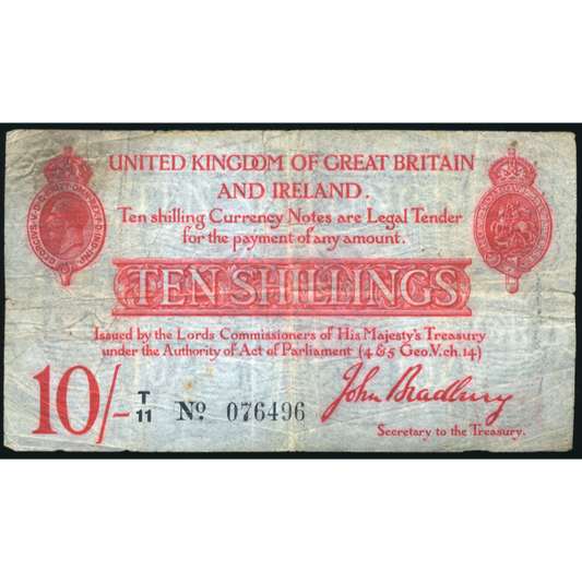 ENGLAND P.348a T13.1 1915 HM Treasury Bradbury 10s VG T11