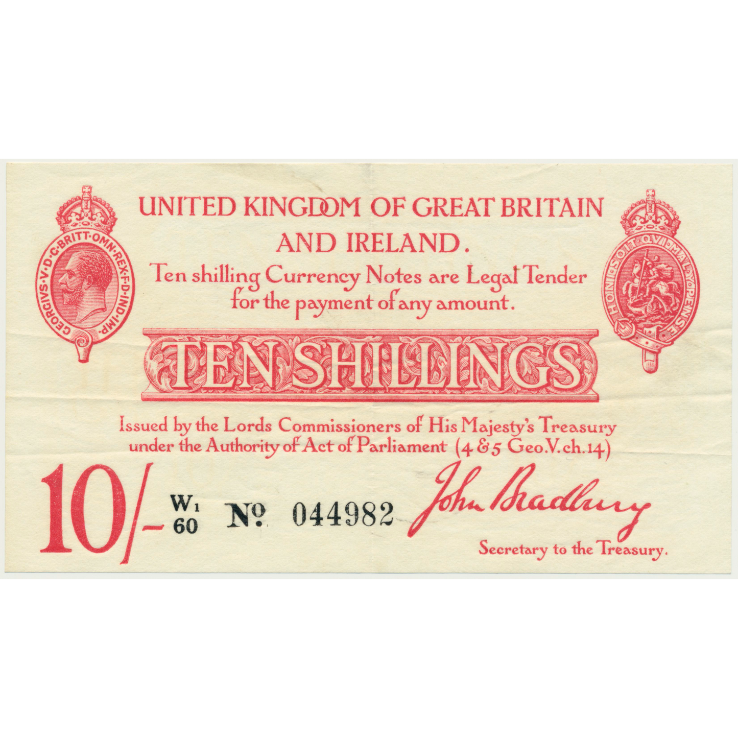 ENGLAND P.348a T13.2 1915 HM Treasury Bradbury 10s W1/60 NEF