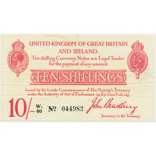 ENGLAND P.348a T13.2 1915 HM Treasury Bradbury 10s GVF W1/60