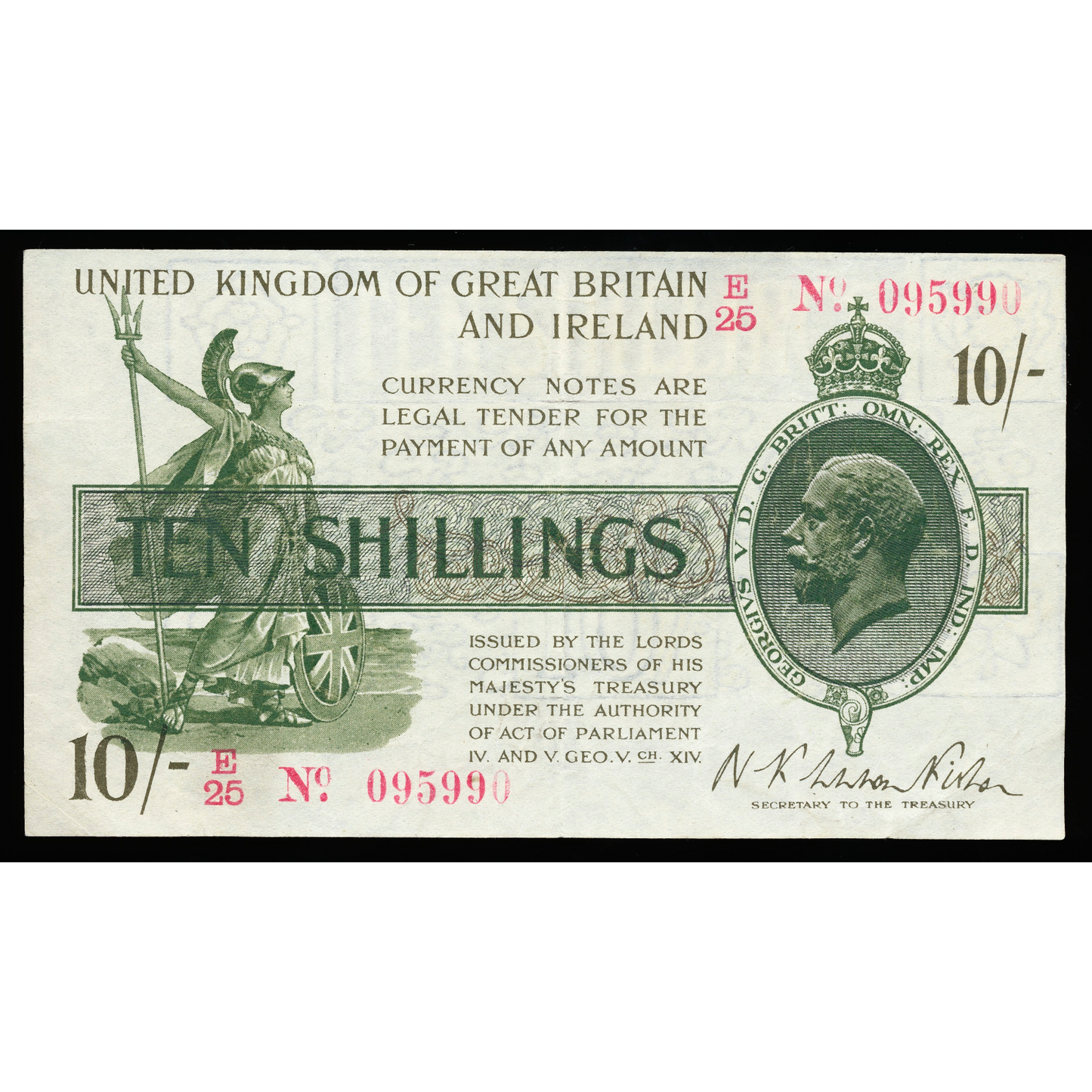 ENGLAND P.356 T25 1919 HM Treasury Fisher First issue 10s E25 EF 40