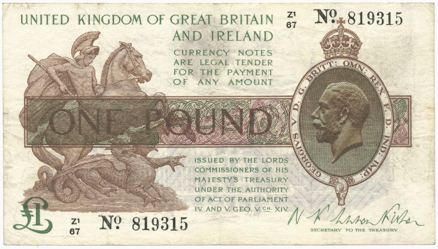 ENGLAND P.359a T31.3 1923 HM Treasury Fisher £1 Control note Z(1)67 VF 30
