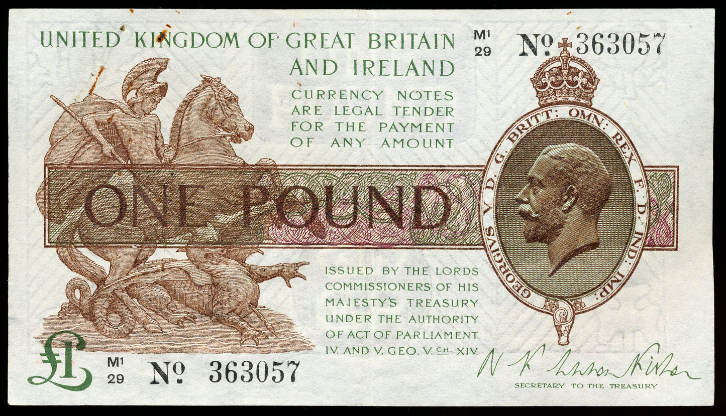 ENGLAND P.359b T32.4 1923 HM Treasury Fisher £1 M(1)29 AUNC 55
