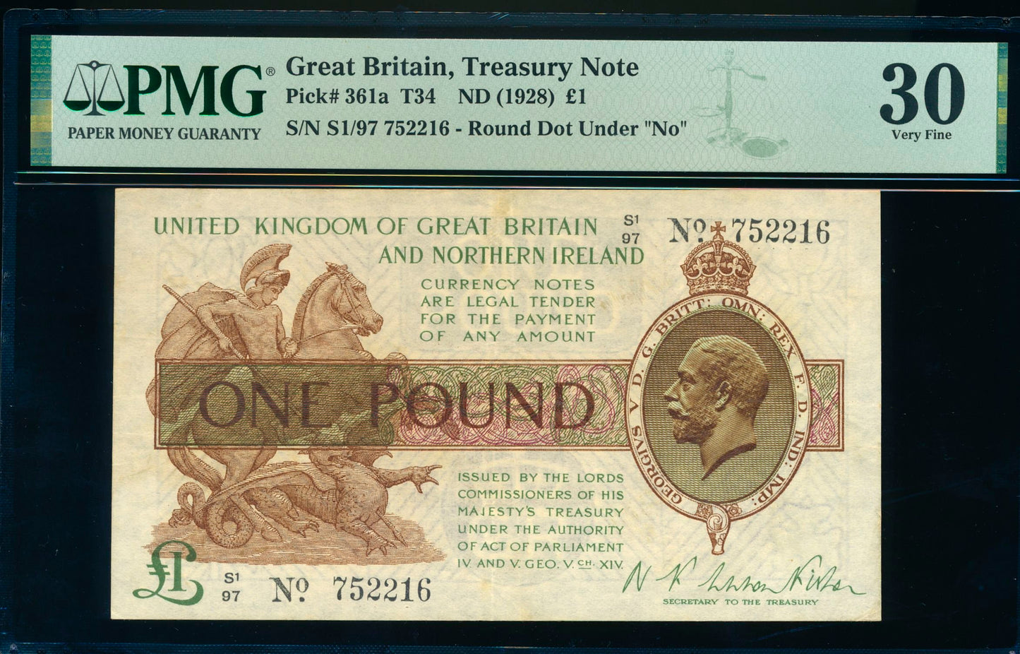 ENGLAND P.361b T35.4 1927 HM Treasury Fisher £1 S1 VF 30