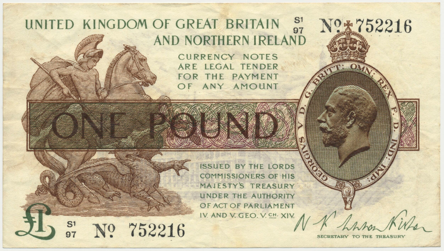 ENGLAND P.361b T35.4 1927 HM Treasury Fisher £1 S1 VF 30
