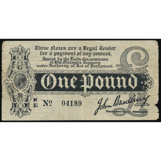ENGLAND P.347 T4.2 1914 HM Treasury 1914 Bradbury £1 AF K/37