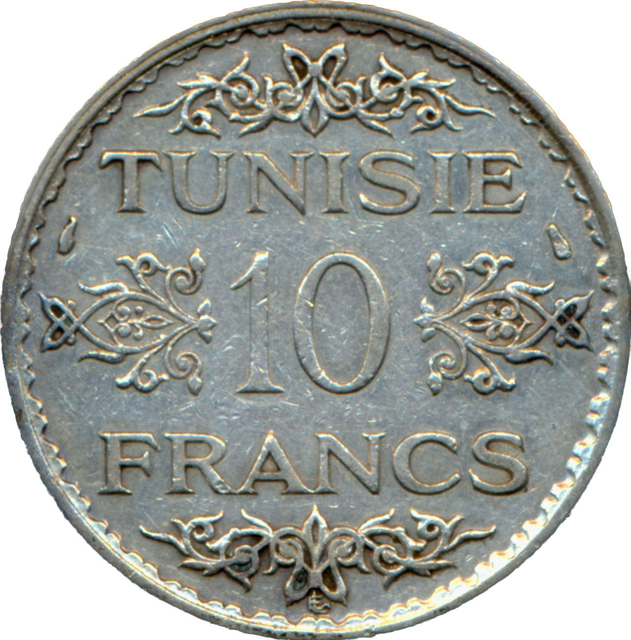 Tunisia KM262 1934 Silver 10 Francs NEF
