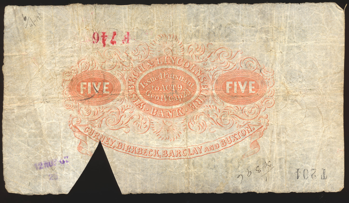 Wisbech & Lincolnshire Bank 1894 £5 banknote F Outing 2382y