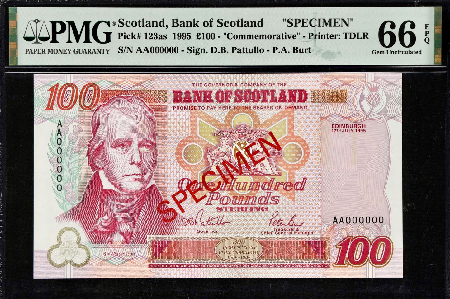 SCOTLAND P.123as SC176a 1995 Bank of Scotland £100 Specimen GEM UNC 66EPQ