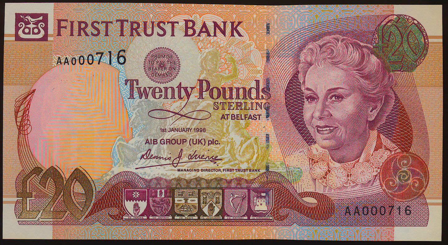 NORTHERN IRELAND P.137a NI422a 1998 First run Low serial no First Trust Bank £20 UNC