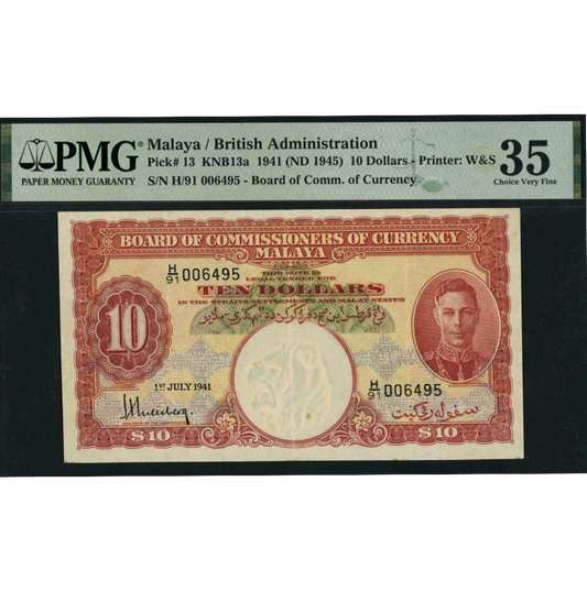MALAYA P.13 1941 $10 Choice VF 35
