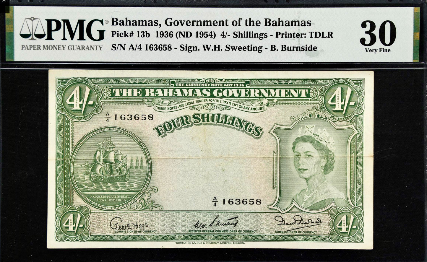 BAHAMAS P.13b 1953 4 Shillings VF 30