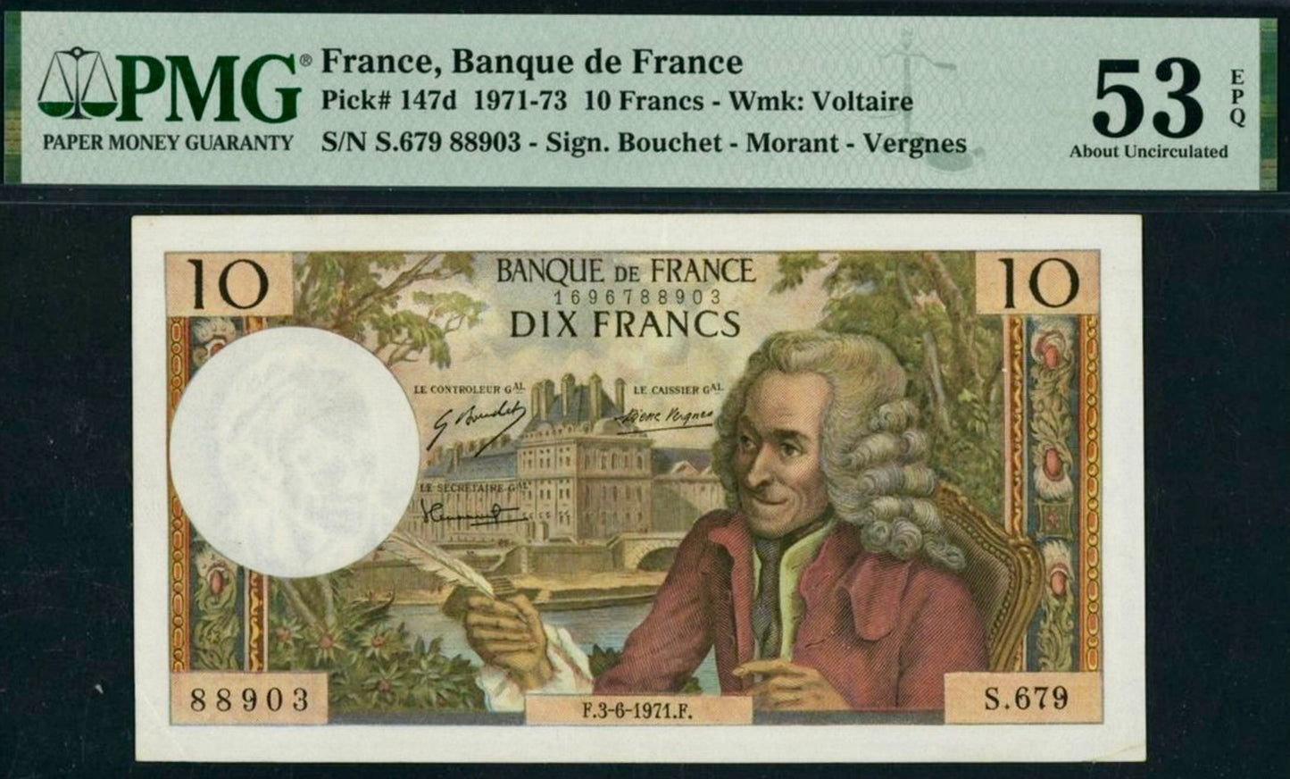 FRANCE P.147d 1971 10Fr Bouchet, Morant, Vergnes AUNC 53 EPQ