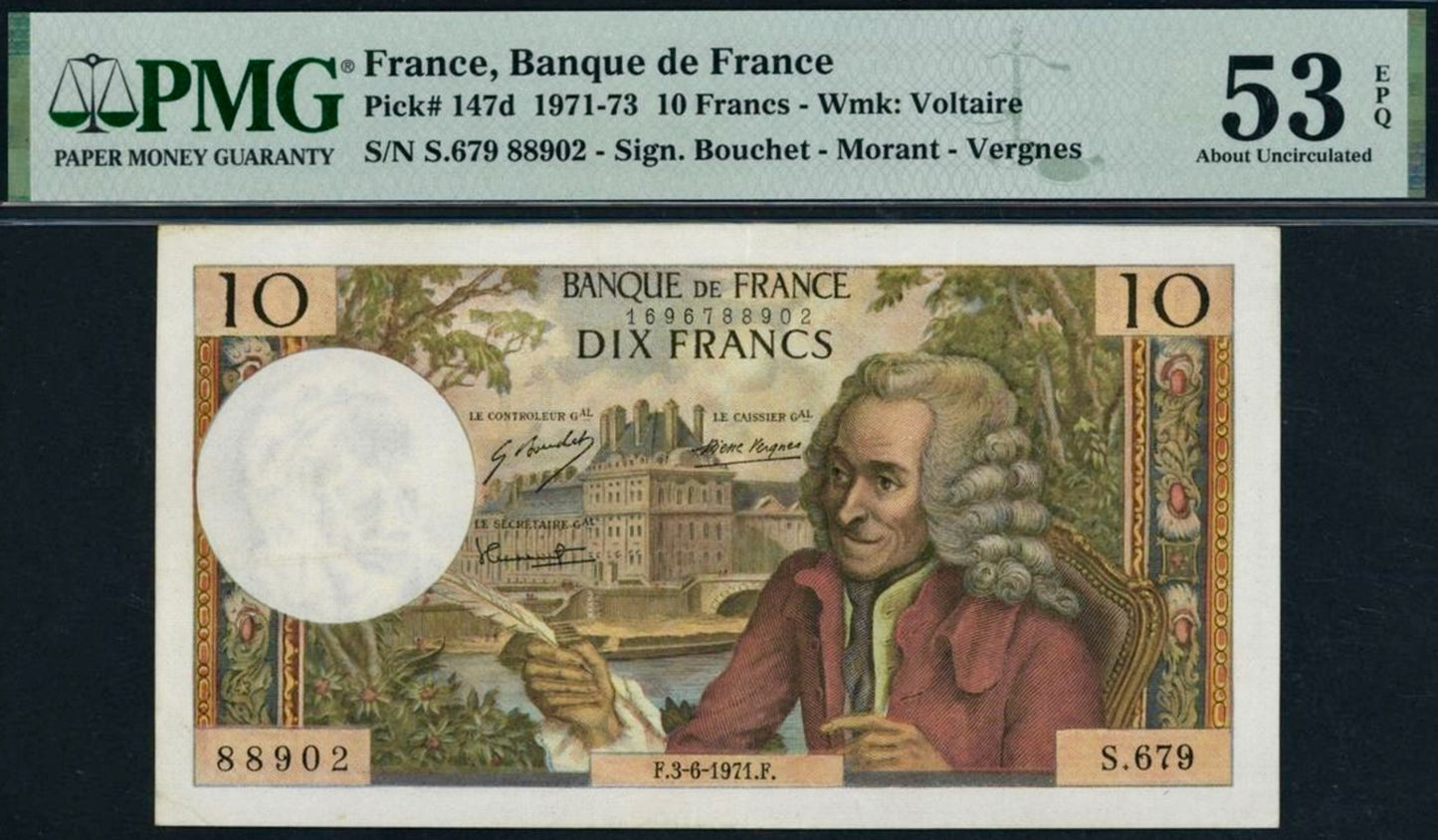 FRANCE P.147d 1971 10Fr Bouchet, Morant, Vergnes AUNC 53 EPQ