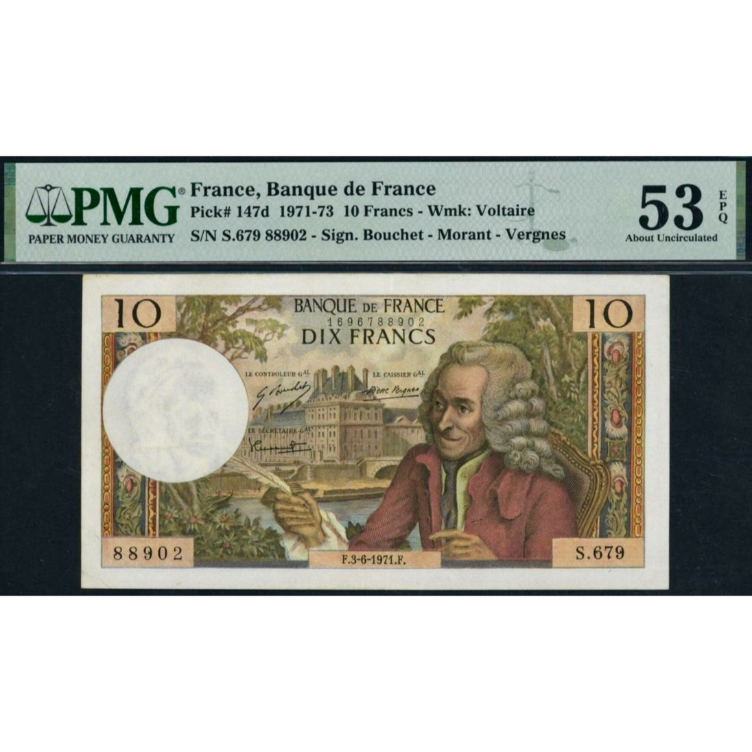 FRANCE P.147d 1971 10Fr Bouchet, Morant, Vergnes AUNC 53 EPQ