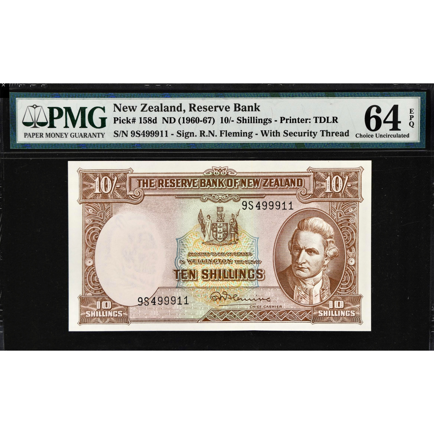 NEW ZEALAND P.158d 1960-1967 10 shillings CHOICE UNC 64 EPQ