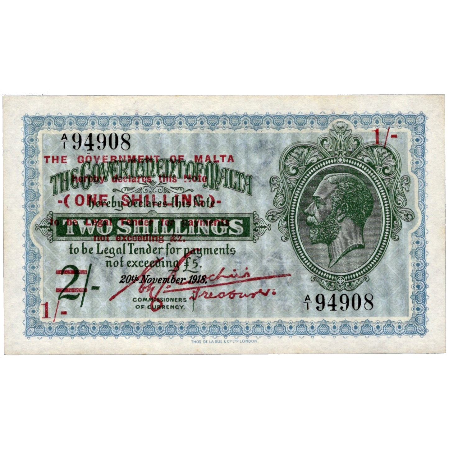 MALTA P.15 1940 1 Shilling on 2 Shillings First run A/1 UNC