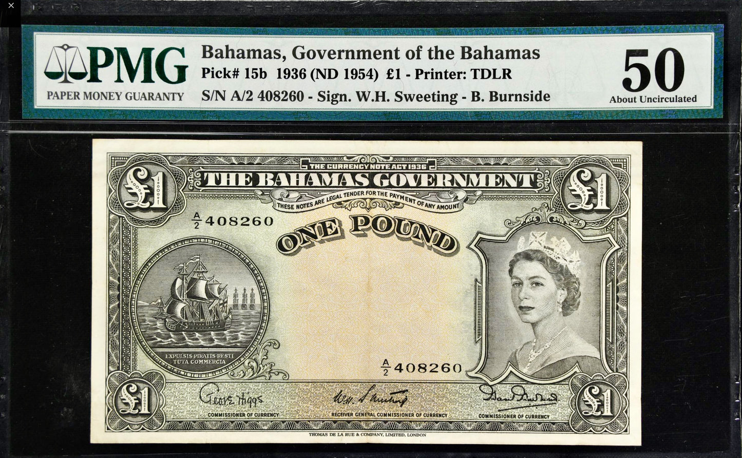 BAHAMAS P.15b 1954 £1 A/2 AUNC 50