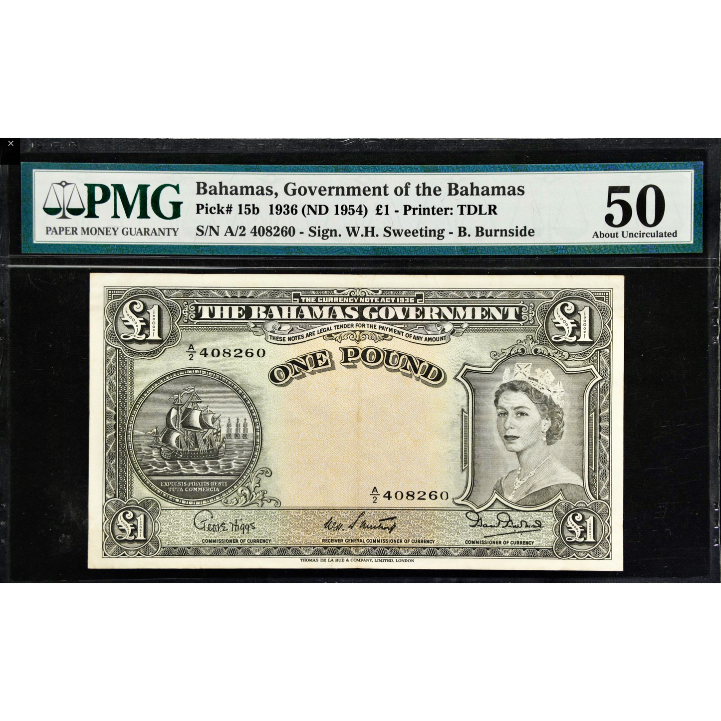 BAHAMAS P.15b 1954 £1 A/2 AUNC 50