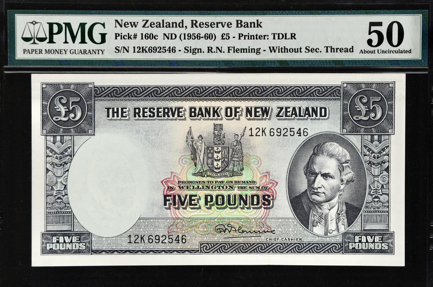 NEW ZEALAND P.160c 1956-1960 £5 AUNC 50