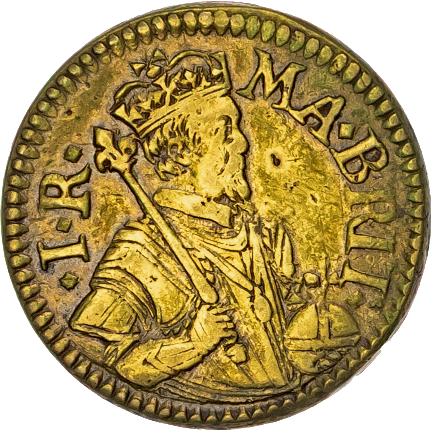 1612 James I brass coin weight for a 22 shilling Unite by N Briot