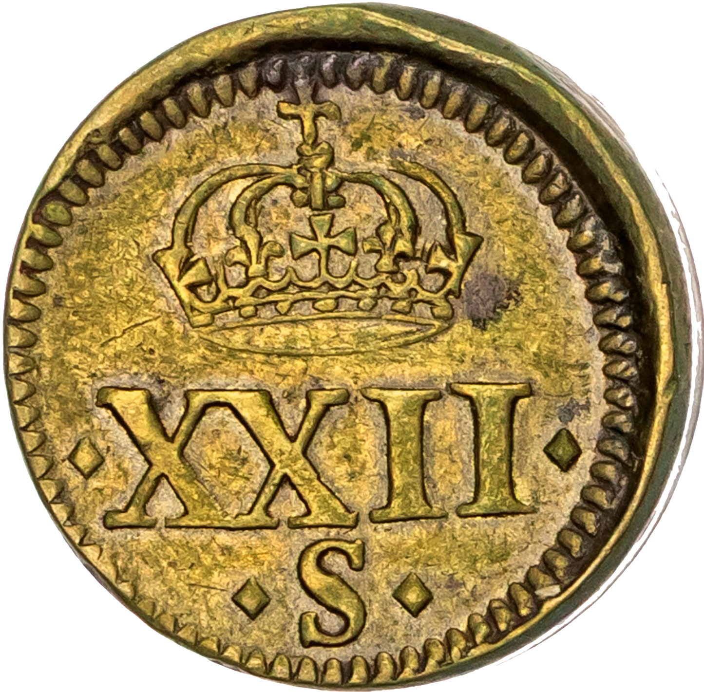 1612 James I brass coin weight for a 22 shilling Unite by N Briot