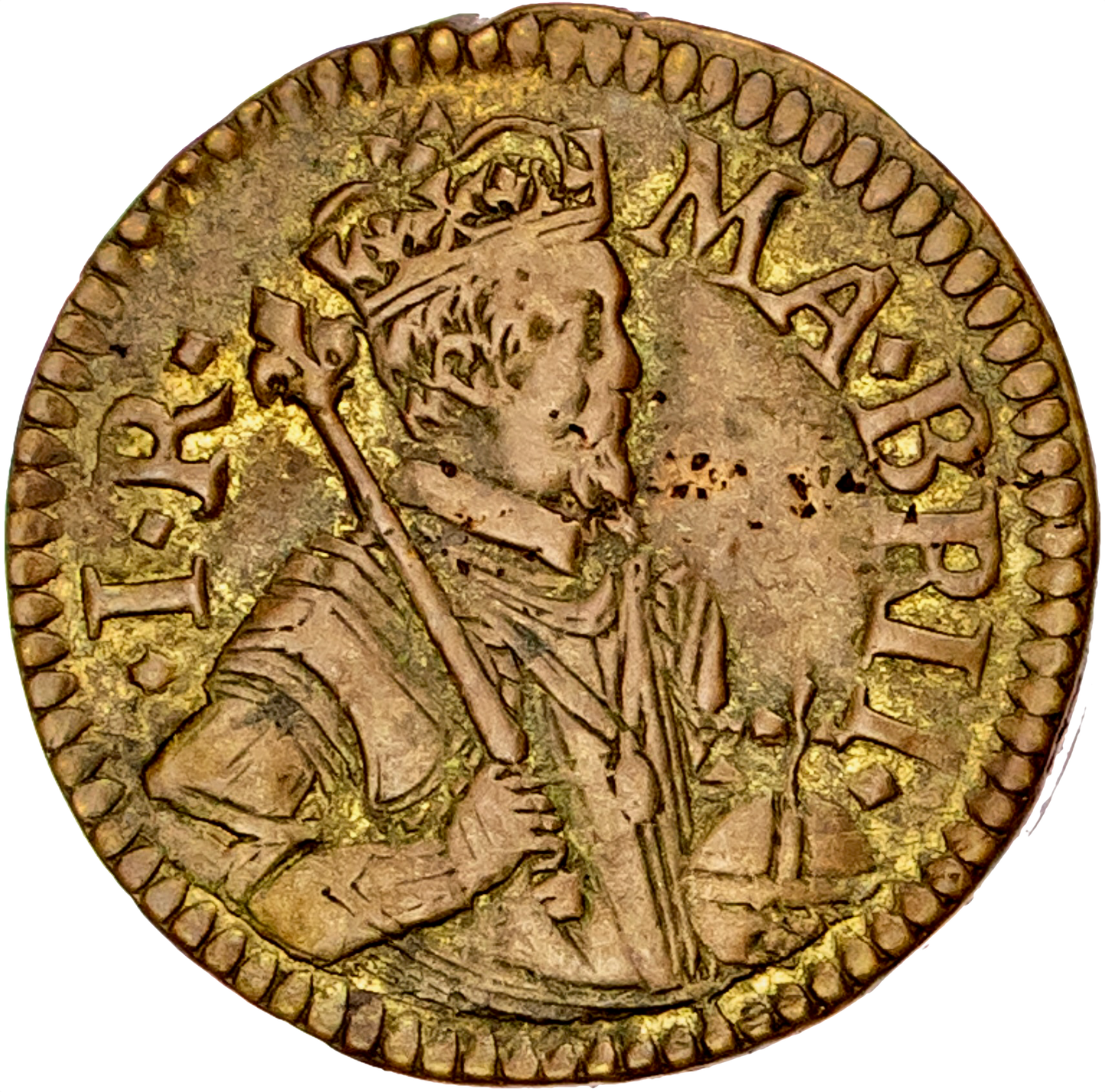 1612 James I brass coin weight for a 22 shilling Unite by N Briot