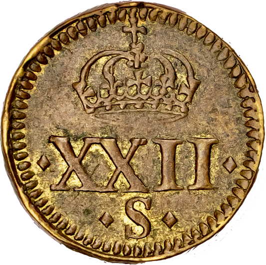 1612 James I brass coin weight for a 22 shilling Unite by N Briot