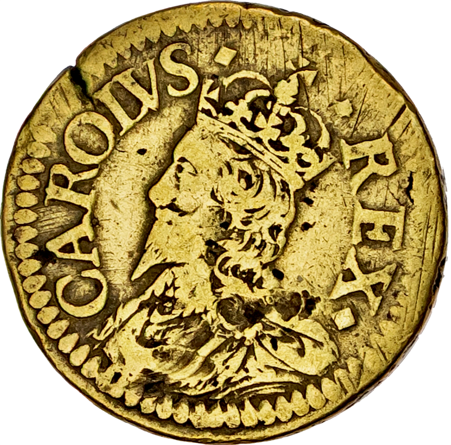 1625 Charles I brass coin weight for a 20 shilling Unite by N Briot
