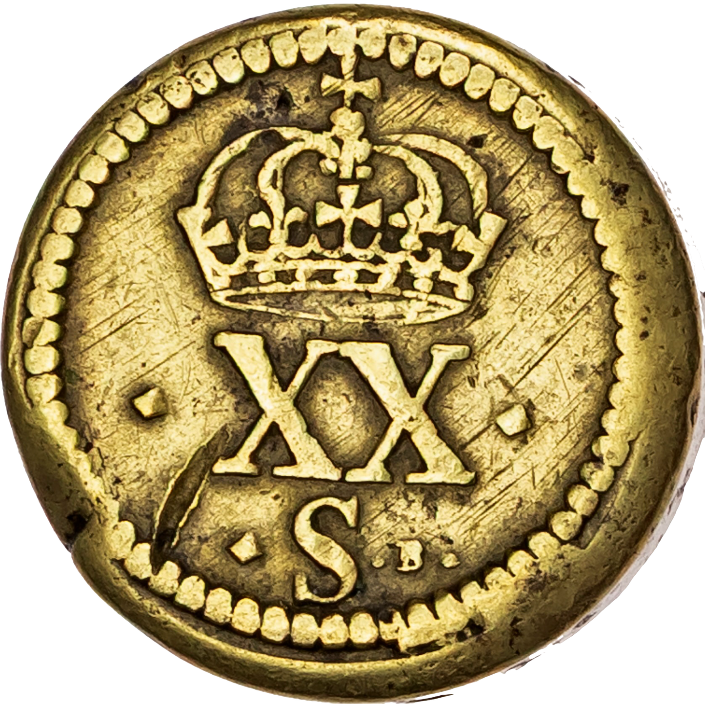 1625 Charles I brass coin weight for a 20 shilling Unite by N Briot