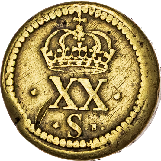 1625 Charles I brass coin weight for a 20 shilling Unite by N Briot