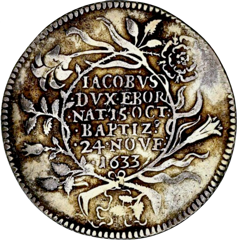 1633 Baptism of Prince James, Duke of York 30mm silver medal by N Briot MI 268/65 E126B