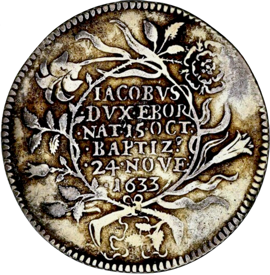 1633 Baptism of Prince James, Duke of York 30mm silver medal by N Briot MI 268/65 E126B