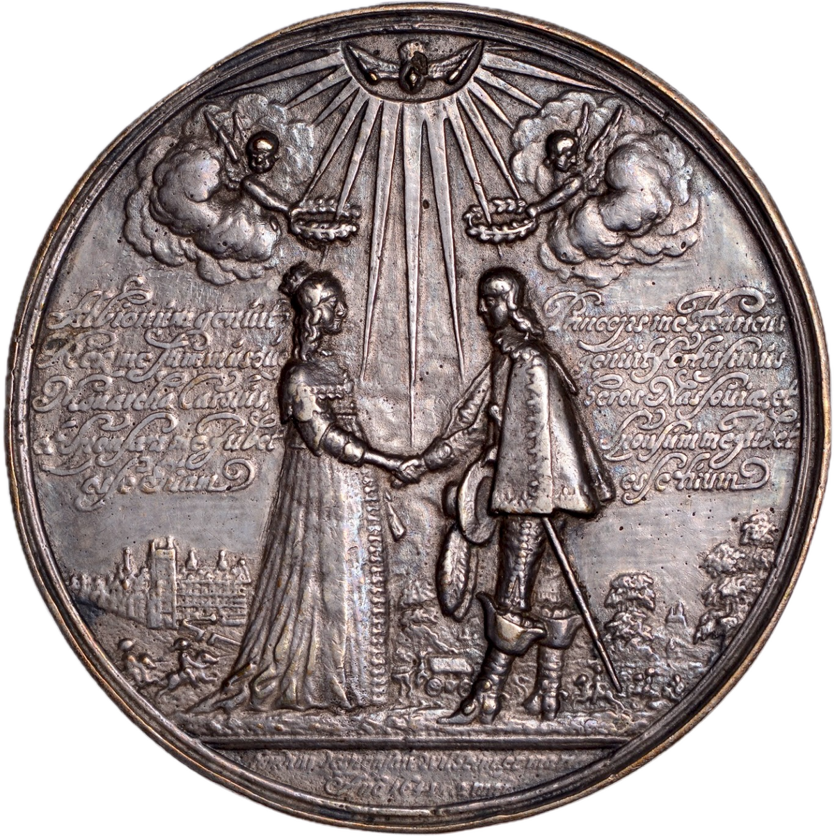 1641 Marriage of Princess Mary and William of Orange a later cast 72mm silver medal in red case E137 MI 287/100