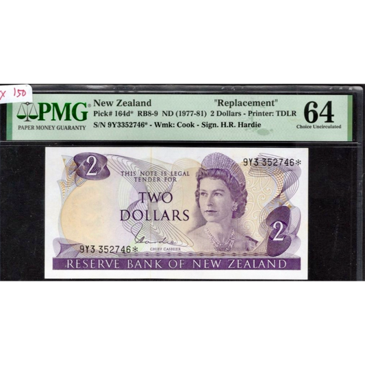 NEW ZEALAND P.164dr 1977-1981 $2 Replacement note Choice UNC 64
