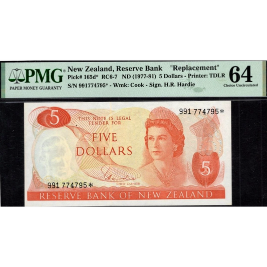 NEW ZEALAND P.165dr 1977-1981 $5 Replacement note Choice UNC 64