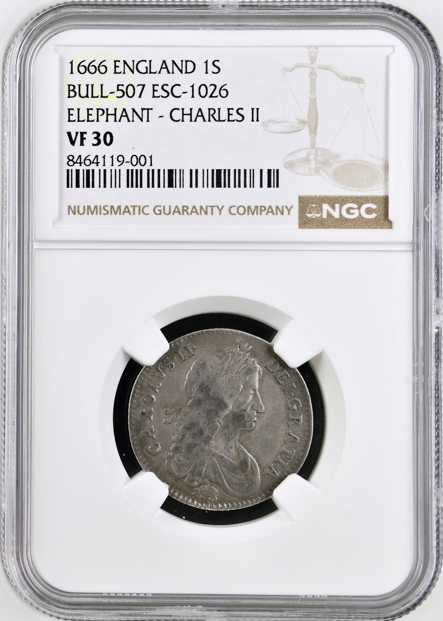 1666 Shilling S3373 ESC 507 First bust variety Elephant below Very rare  VF30